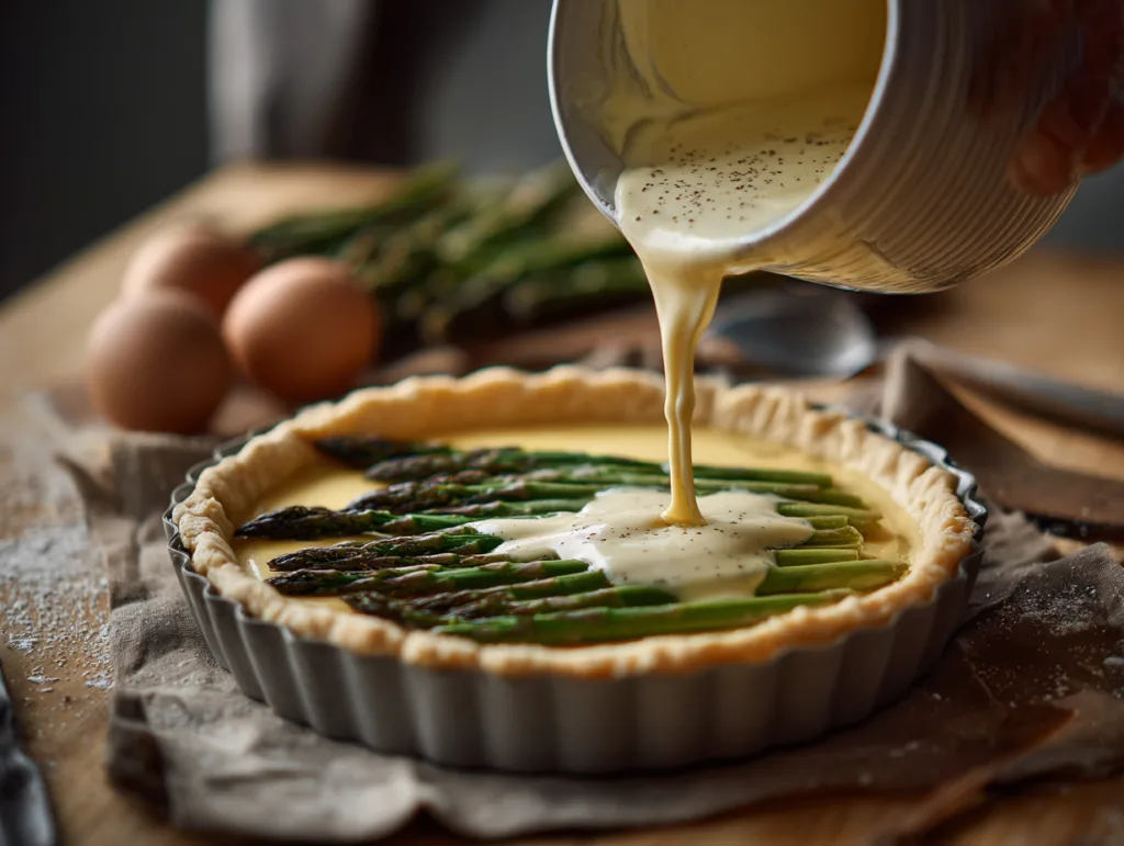 Sahne-Ei-Guss über Spargel in die Quiche-Form gießen