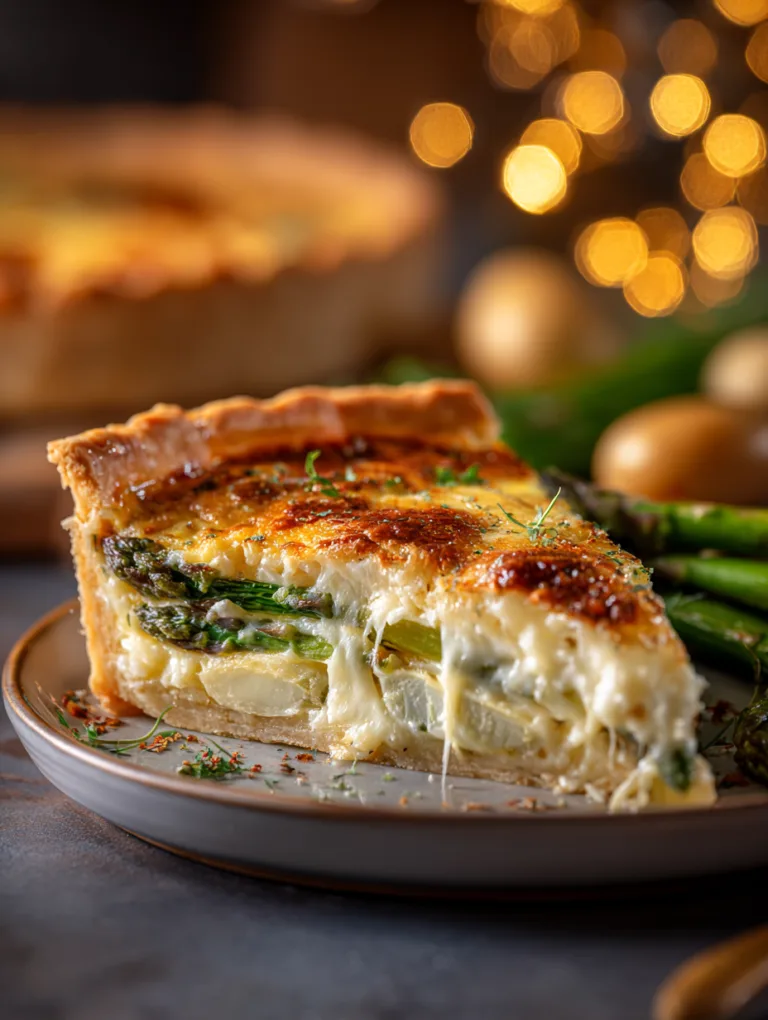 Nahaufnahme eines Stücks Spargel-Quiche mit cremiger Füllung und knusprigem Teig