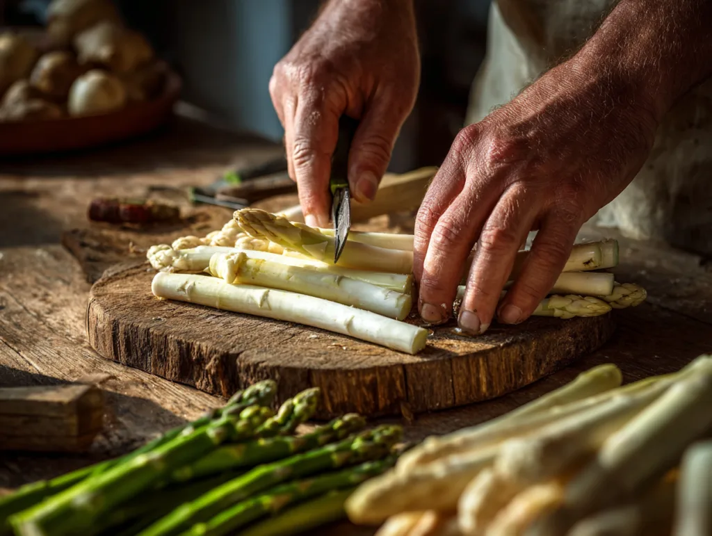 Weißen Spargel schälen als Vorbereitung für die Spargel-Quiche