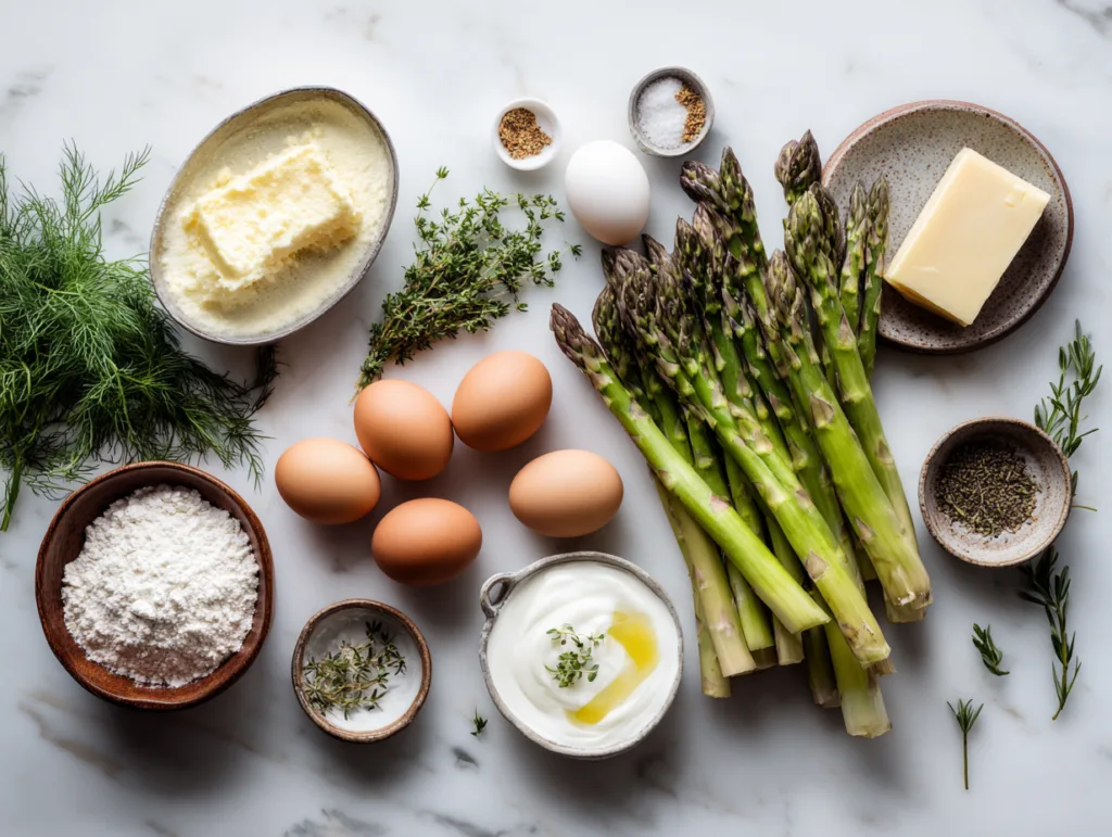 Zutaten für Spargel-Quiche auf Marmor: Spargel, Eier, Sahne, Käse und Kräuter