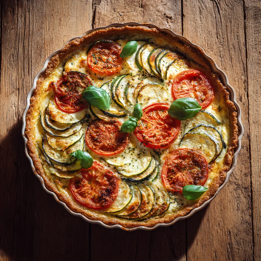 Tomaten-Zucchini-Quiche von oben in einer Keramikform
