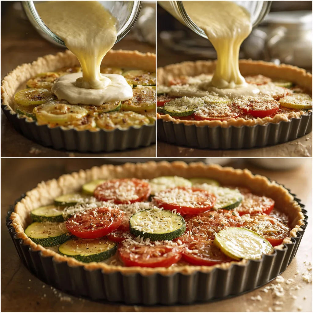 Gemüsefüllung und Guss in die Quicheform geben