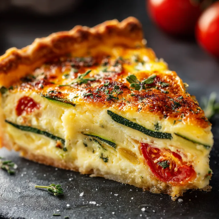 Nahaufnahme eines Stücks Tomaten-Zucchini-Quiche mit cremiger Füllung