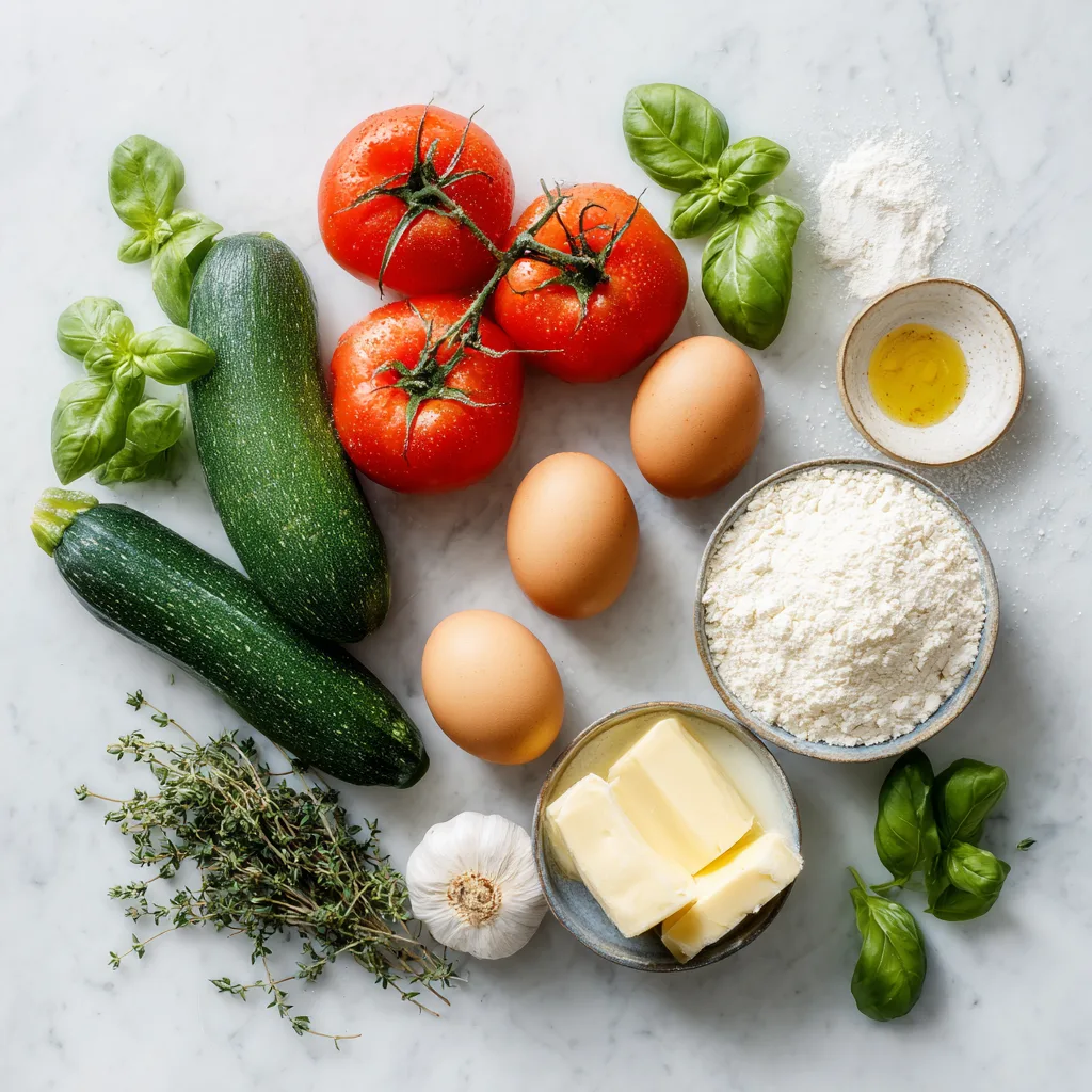 Zutaten für Tomaten-Zucchini-Quiche als Flat Lay