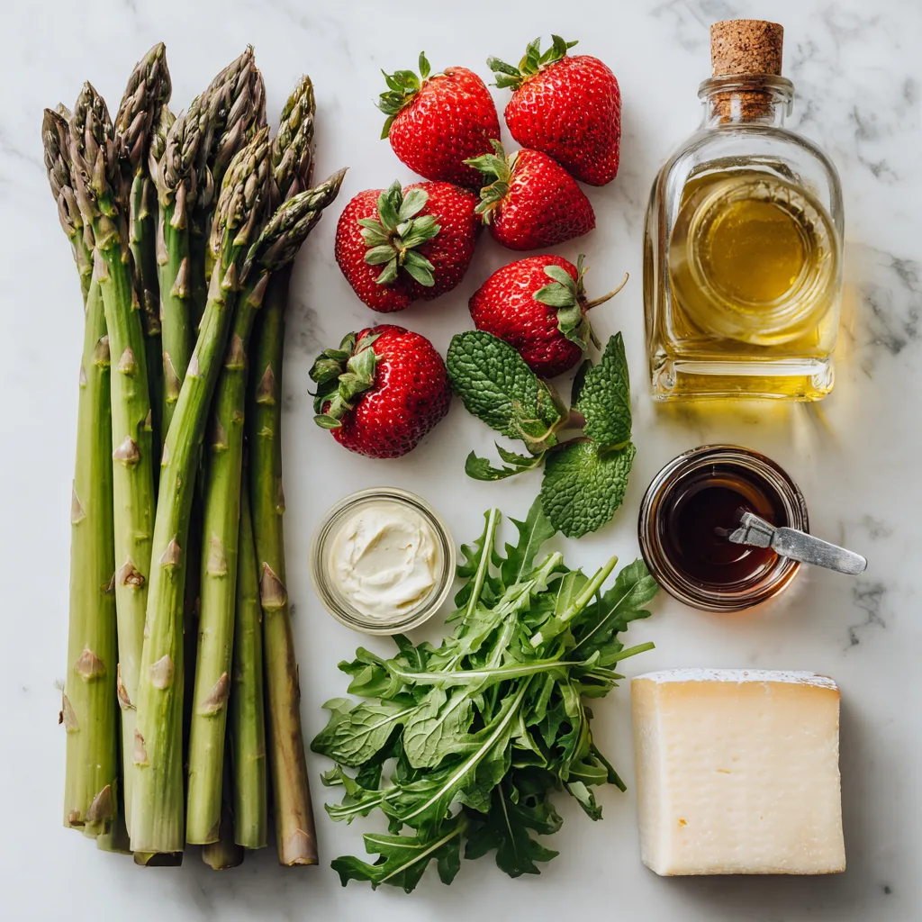 Alle Zutaten für Spargel-Erdbeer-Salat vom Grill flach gelegt auf weißem Marmor